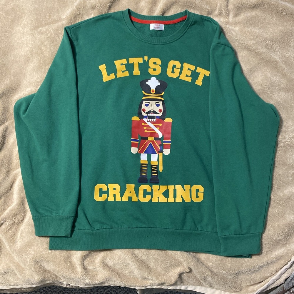 Holiday Time Christmas Sweatshirt Mens 3XL Green 'Let's Get Cracking' Nutcracker